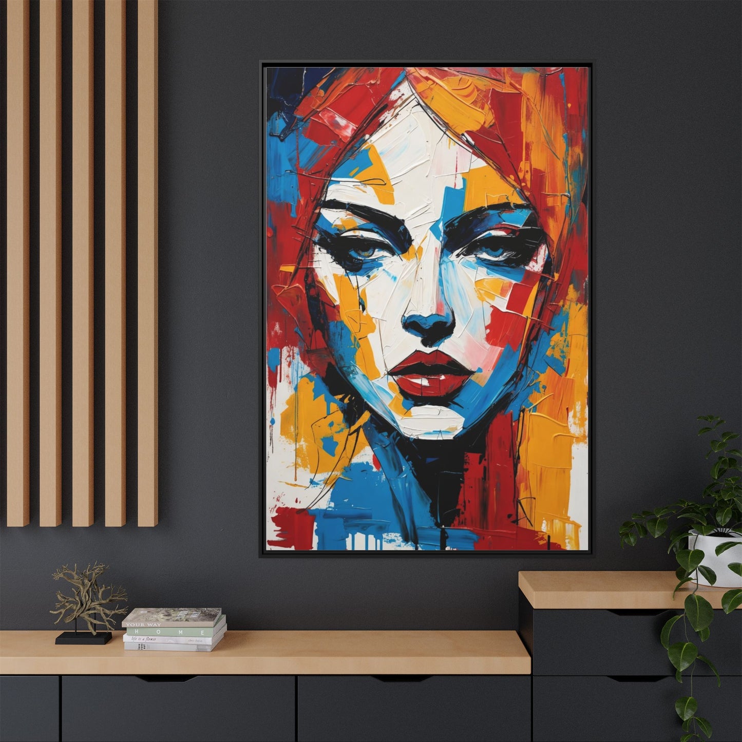 Framed Abstract Portrait Canvas — Colorful Female Face Wall Art