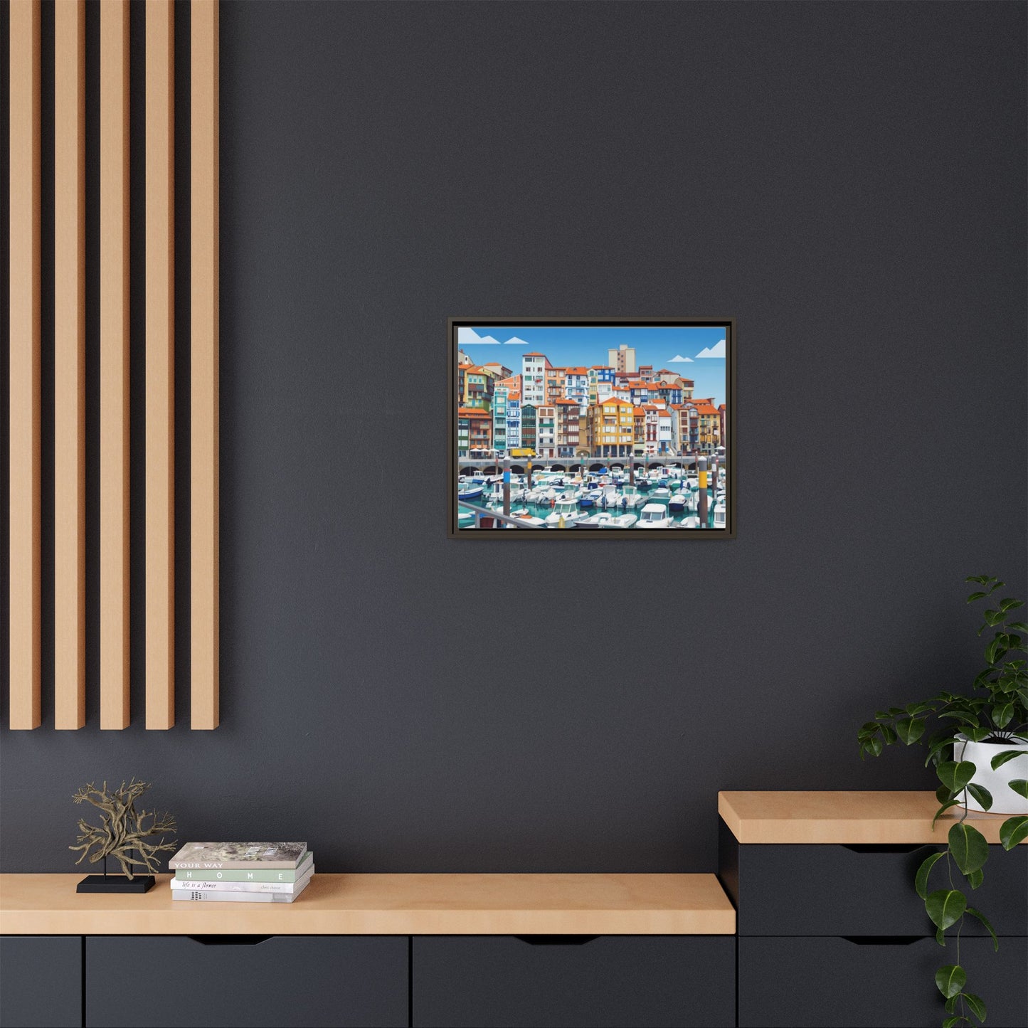 Framed Matte Canvas Print — Colorful Mediterranean Harbor Illustration