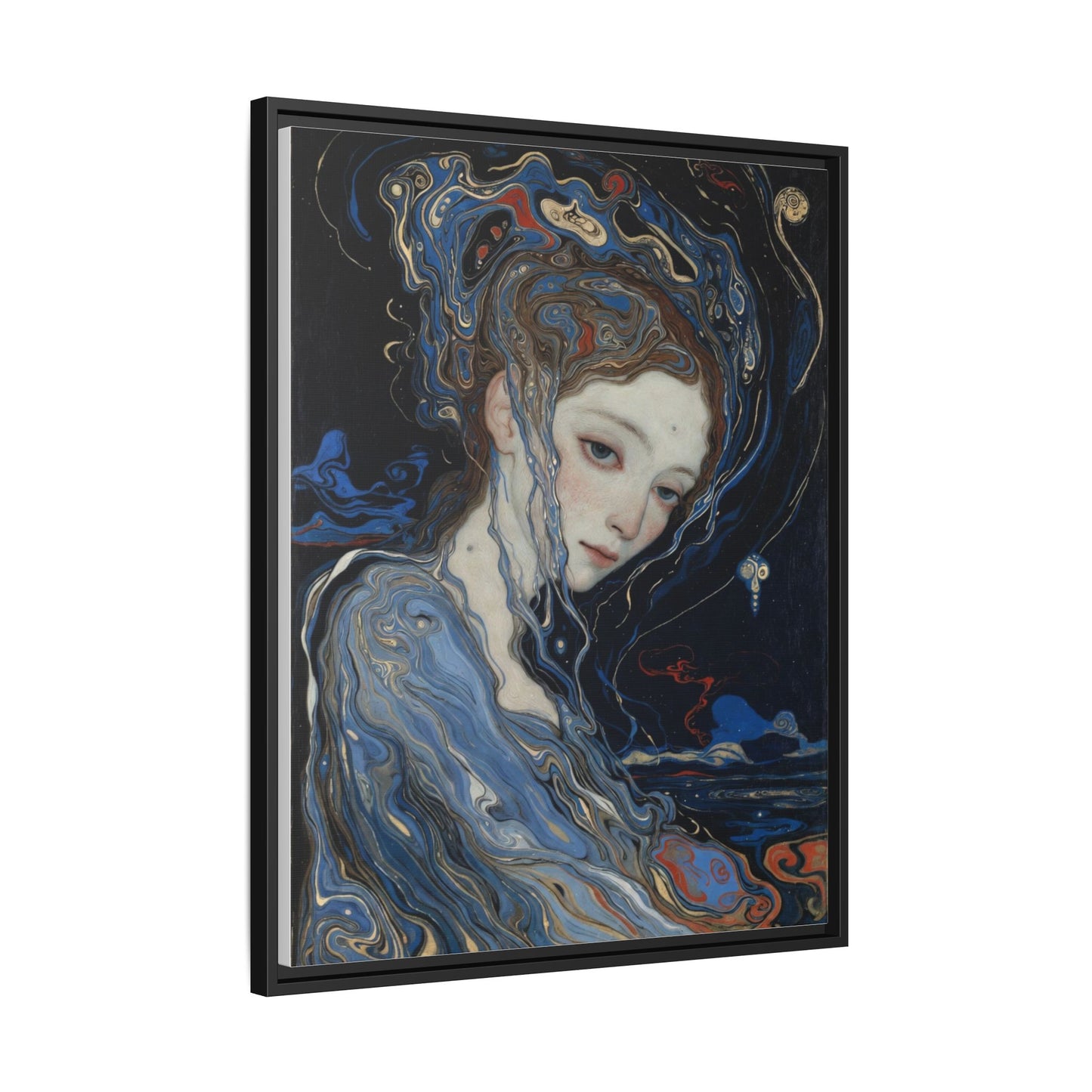 Framed Matte Canvas Art Print — Surreal Blue Maiden Portrait