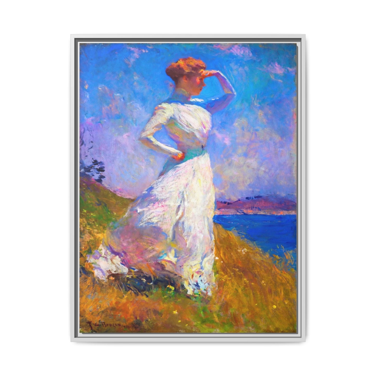 Framed Matte Canvas Art - Woman in White Seaside Impressionist Print