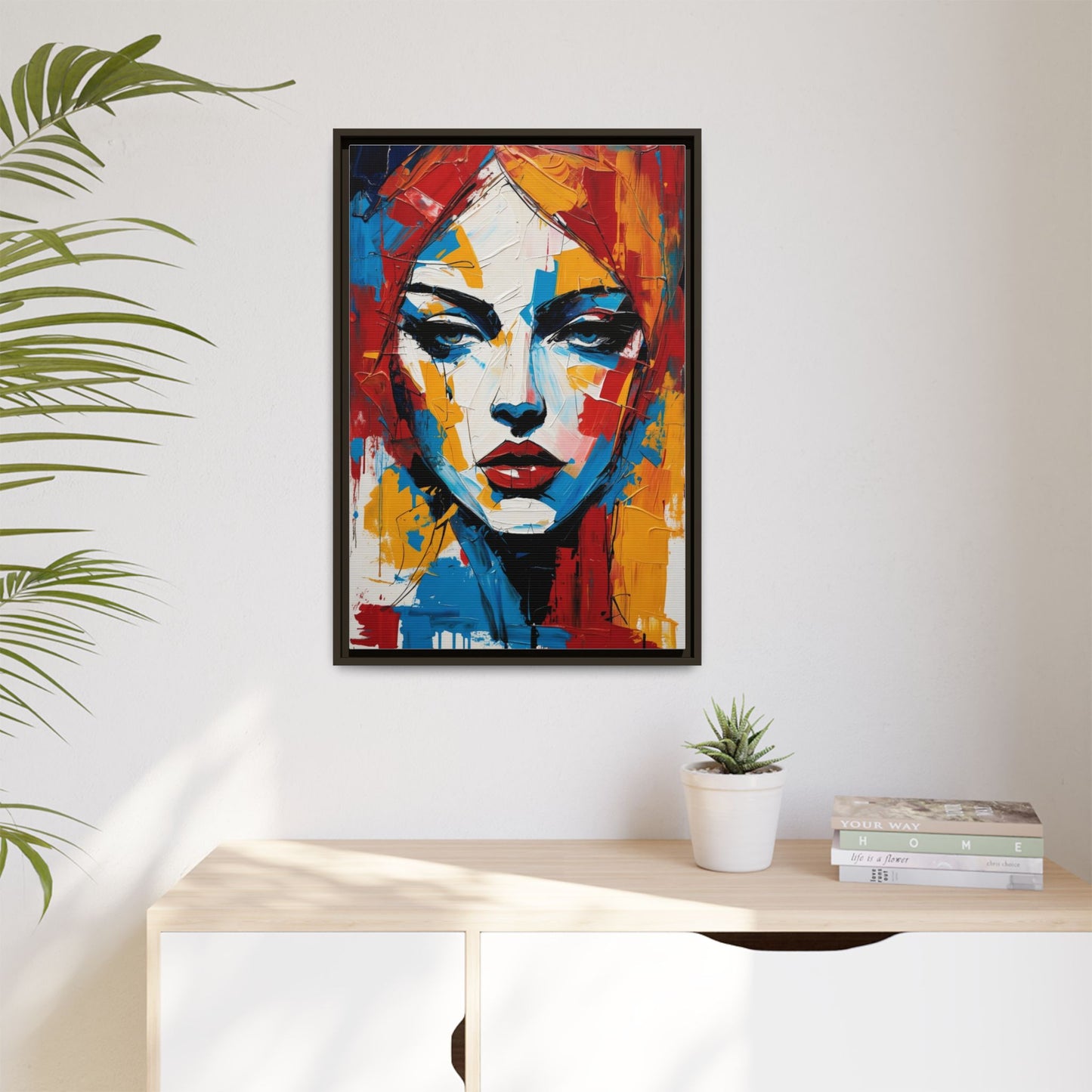 Framed Abstract Portrait Canvas — Colorful Female Face Wall Art