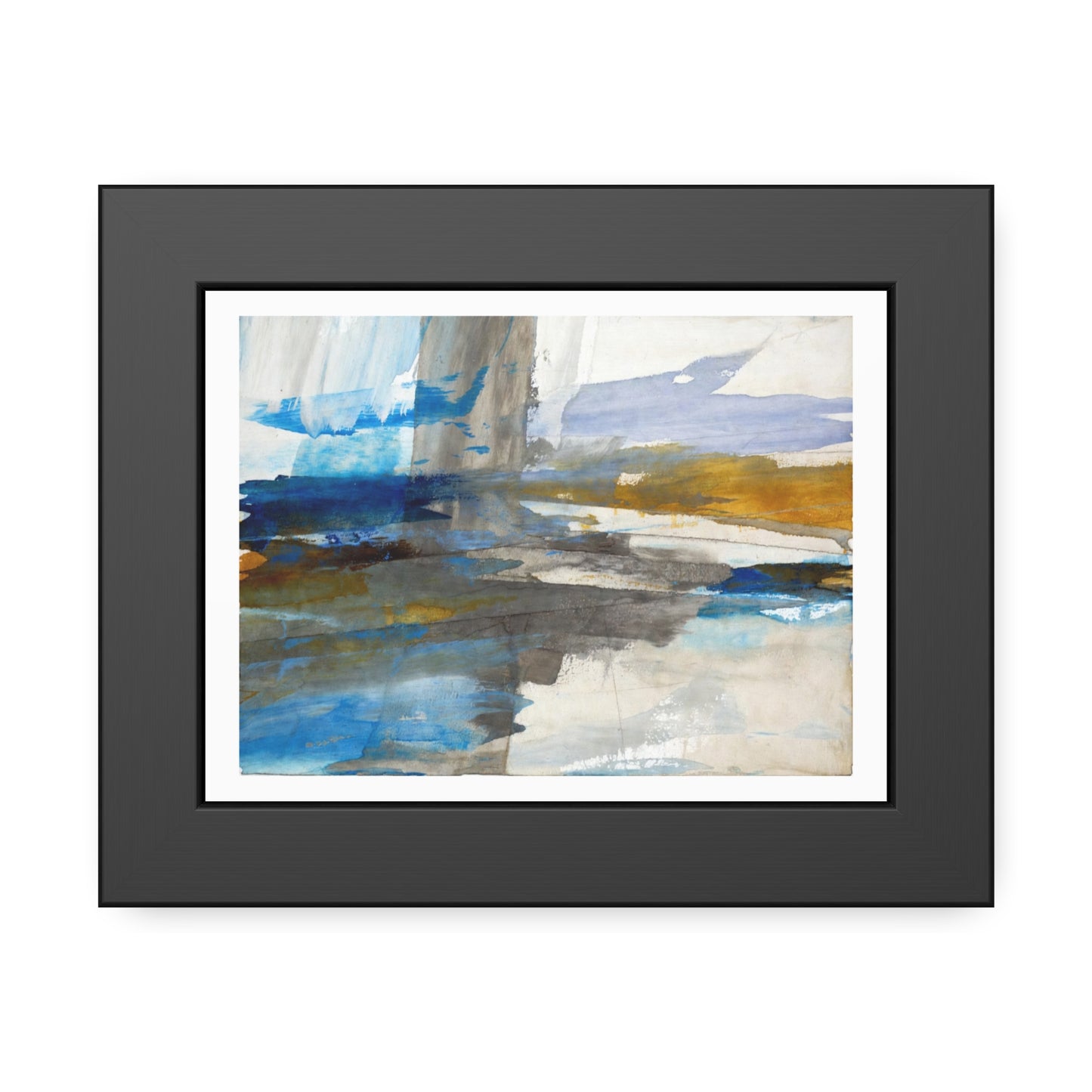 Abstract Coastal Waterscape Framed Poster — Blue & Gold Modern Wall Art