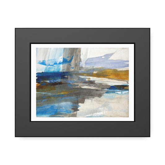 Abstract Coastal Waterscape Framed Poster — Blue & Gold Modern Wall Art