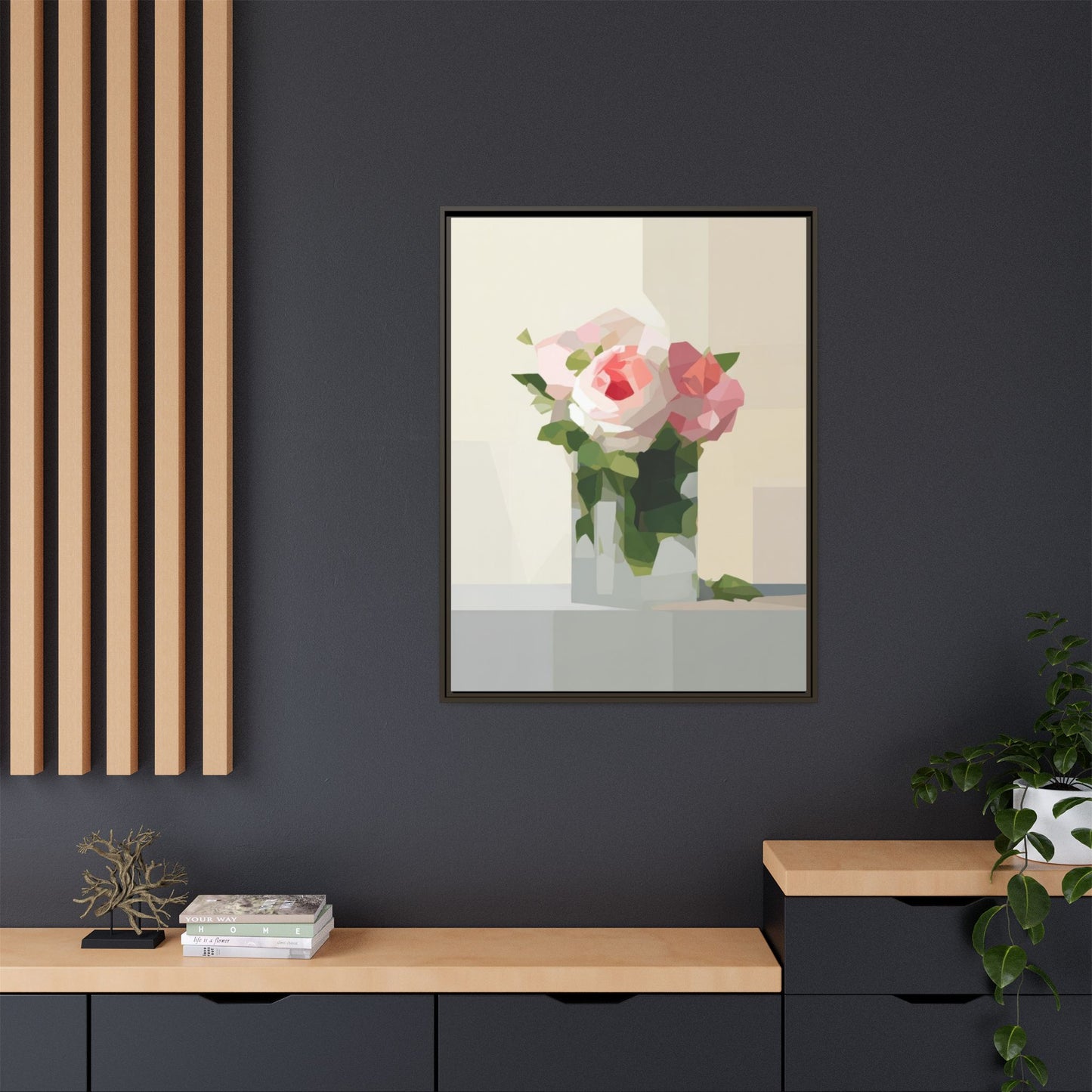 Framed Floral Canvas Print — Geometric Pink Rose Wall Art
