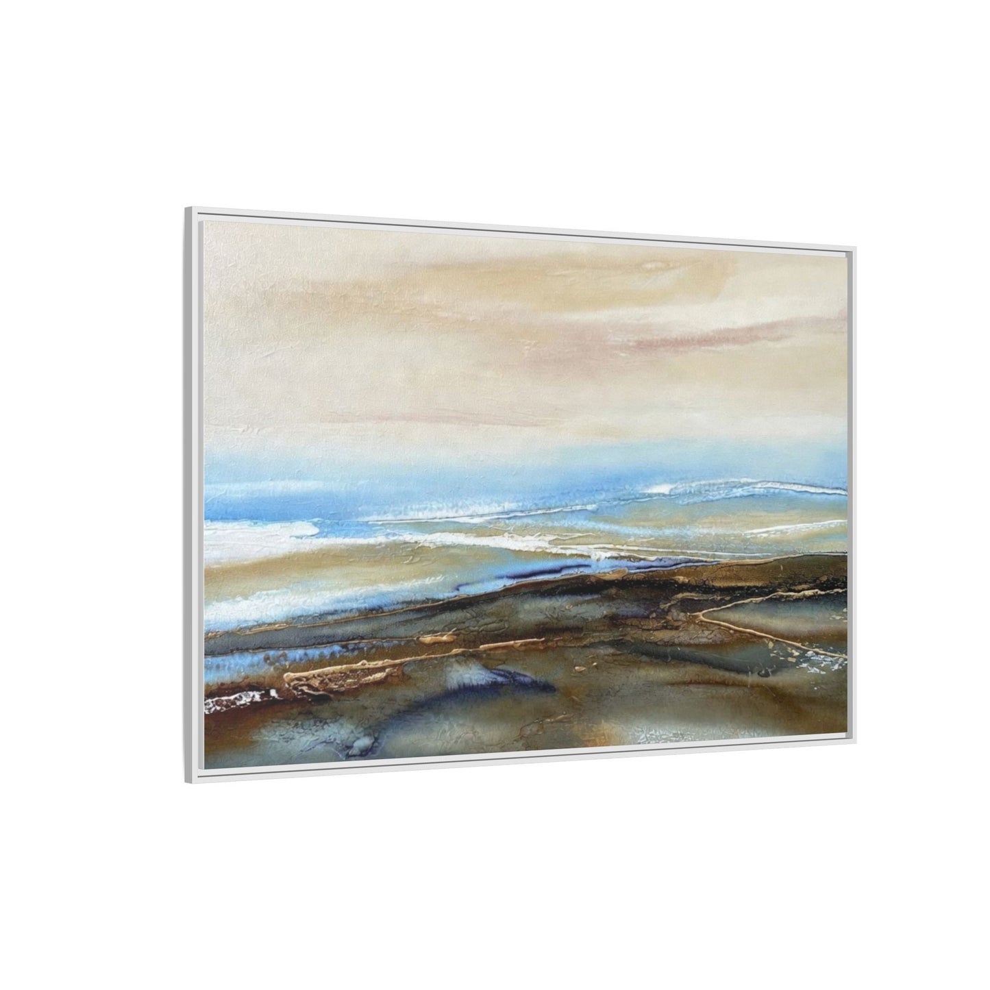 Framed Abstract Seascape Matte Canvas — Coastal Blue & Earth Tone Wall Art