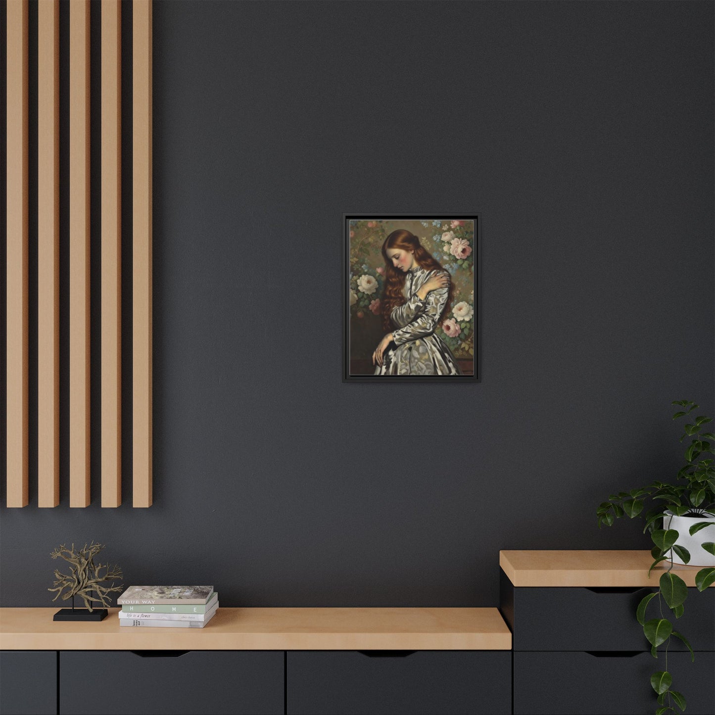 Framed Matte Canvas Art — Vintage Floral Portrait of a Young Woman