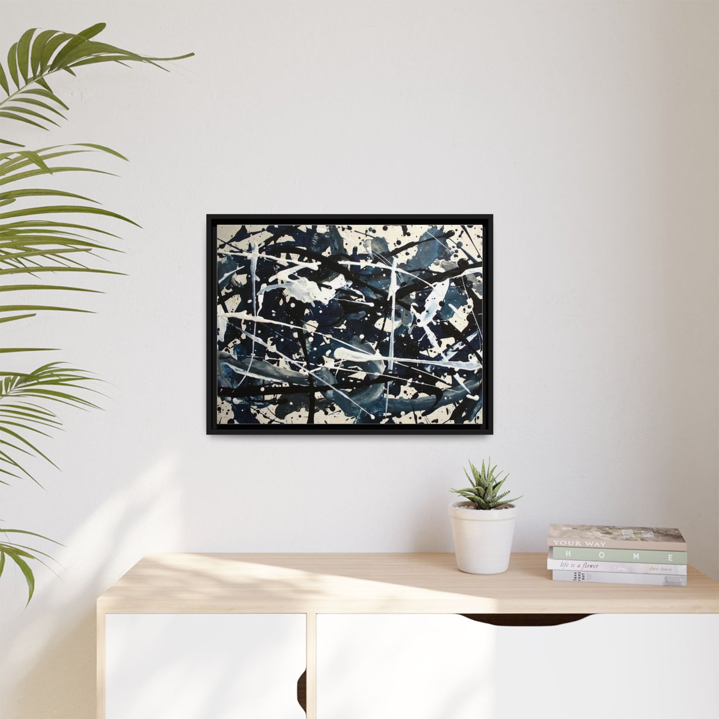 Abstract Splatter Matte Canvas Framed Wall Art — Black & Blue Modern Art Print