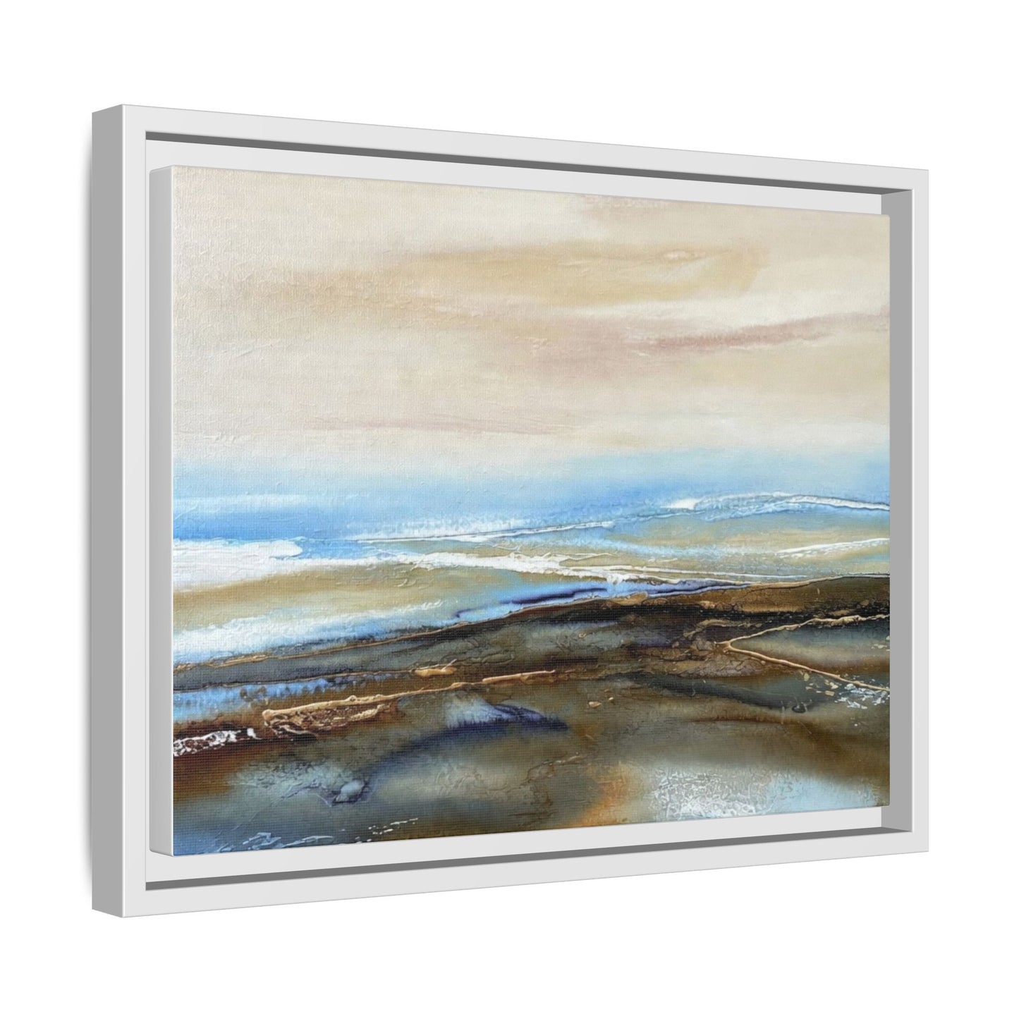 Framed Abstract Seascape Matte Canvas — Coastal Blue & Earth Tone Wall Art