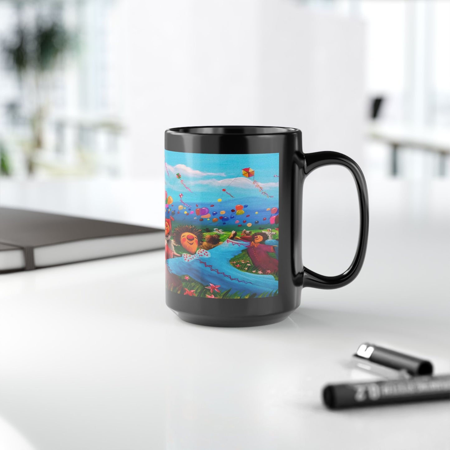 Black Ceramic Mug — Whimsical Kite Festival Art (11oz & 15oz)