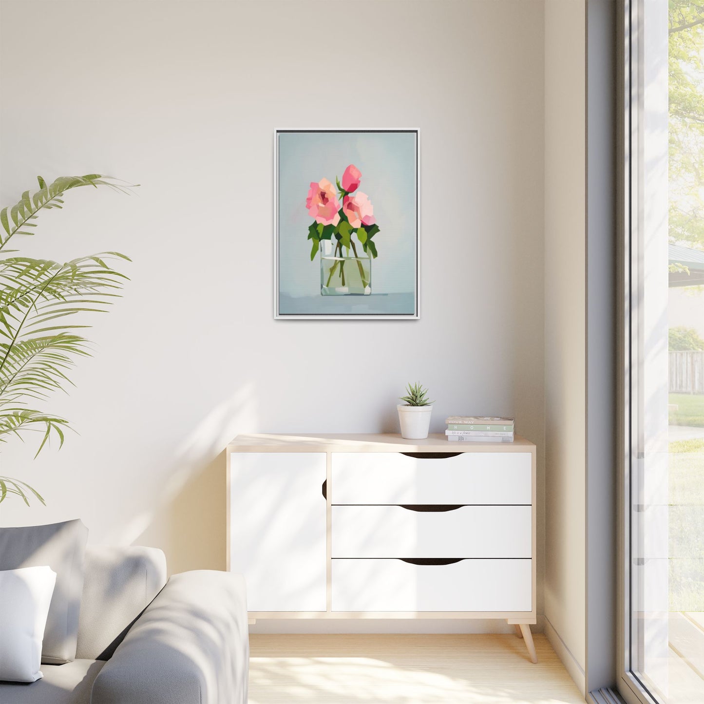 Framed Floral Canvas Print — Pink Roses in Glass Vase (Matte)