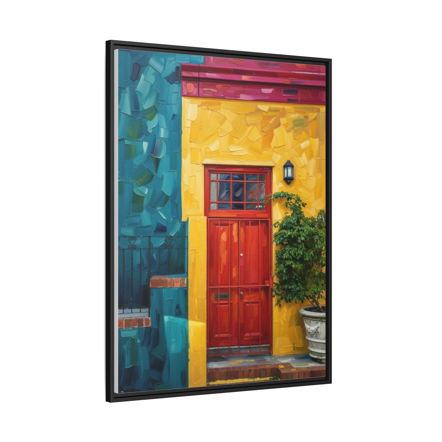 Framed Matte Canvas Wall Art — Colorful Red Door on Yellow Facade