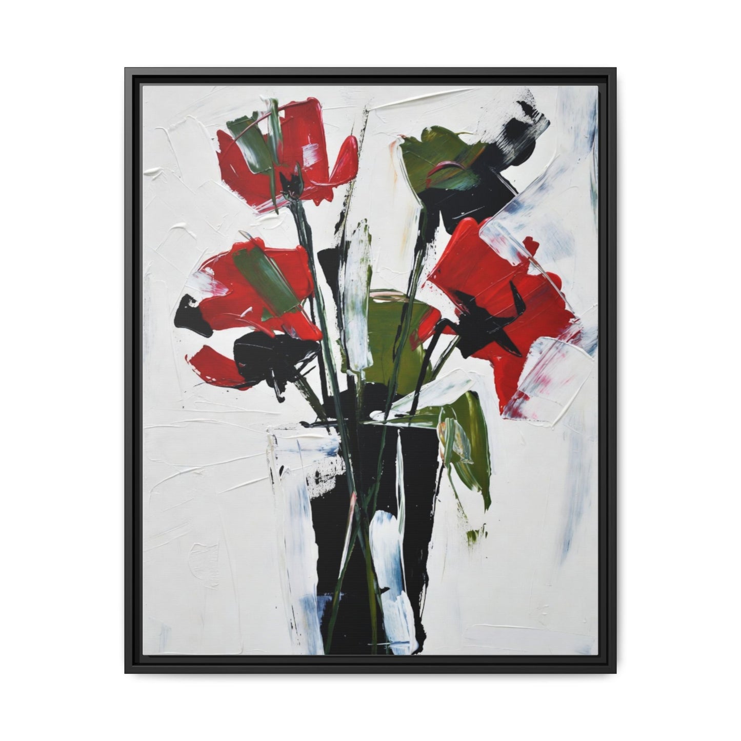 Framed Abstract Floral Canvas Print — Red Poppies in Black Vase