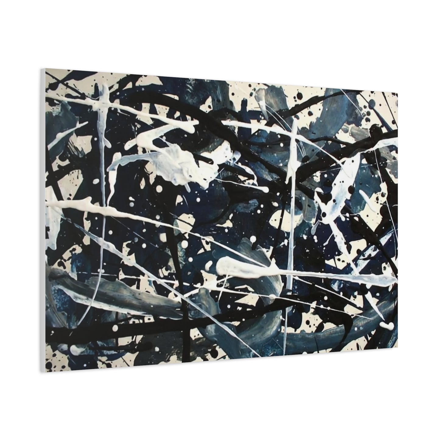 Abstract Drip Painting Canvas Print — Blue & Black Modern Wall Art (Matte Stretched)