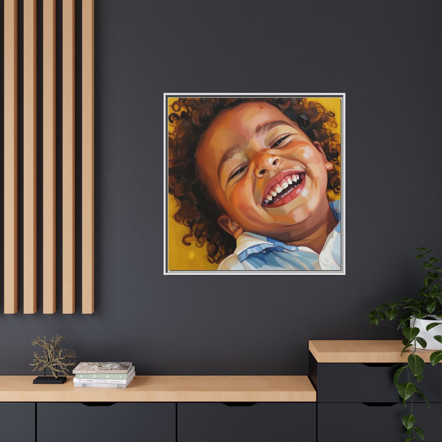 Framed Matte Canvas Print – Joyful Child Portrait, Colorful Nursery Wall Art
