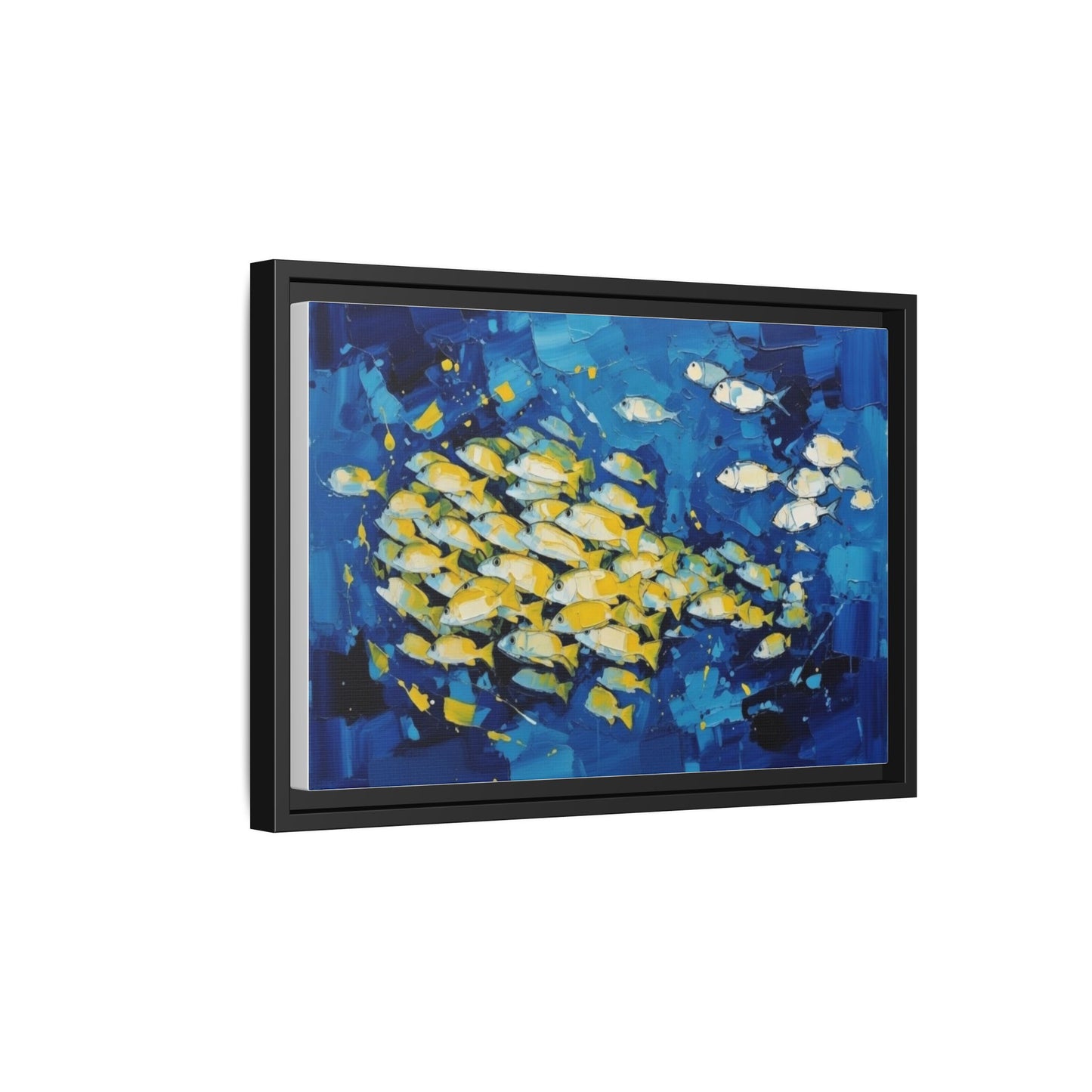 Framed Matte Canvas: Blue School of Fish Wall Art