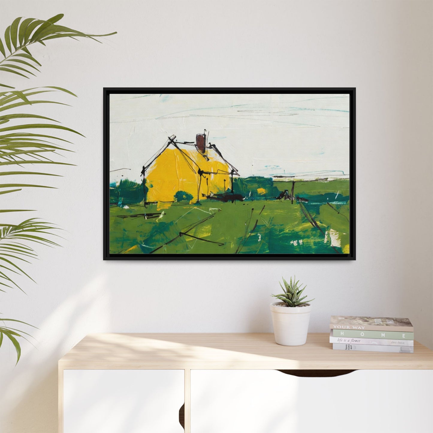 Yellow Cottage Landscape Framed Canvas Print
