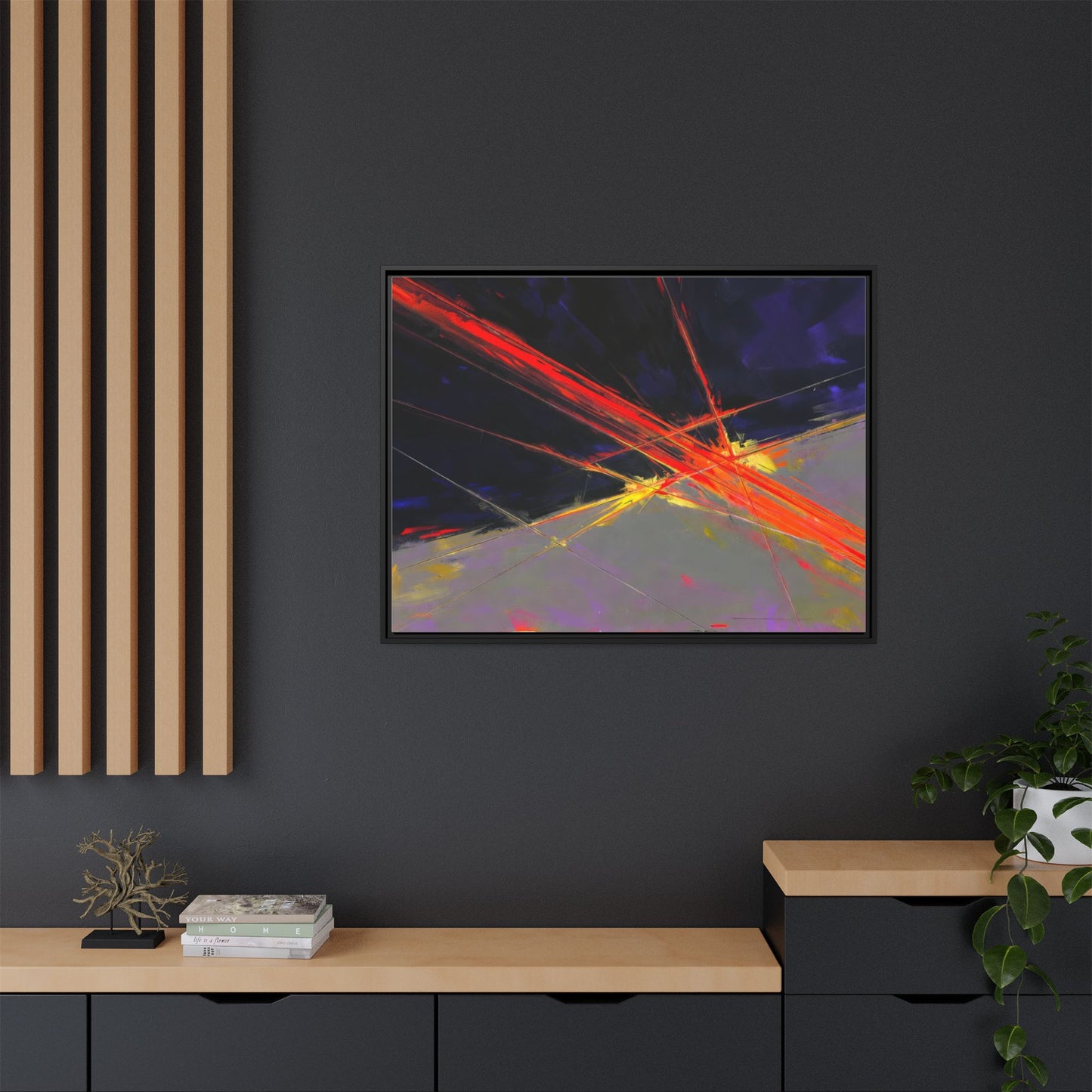 Abstract Red Streaks Framed Matte Canvas Art — Modern Multi‑Color Wall Decor