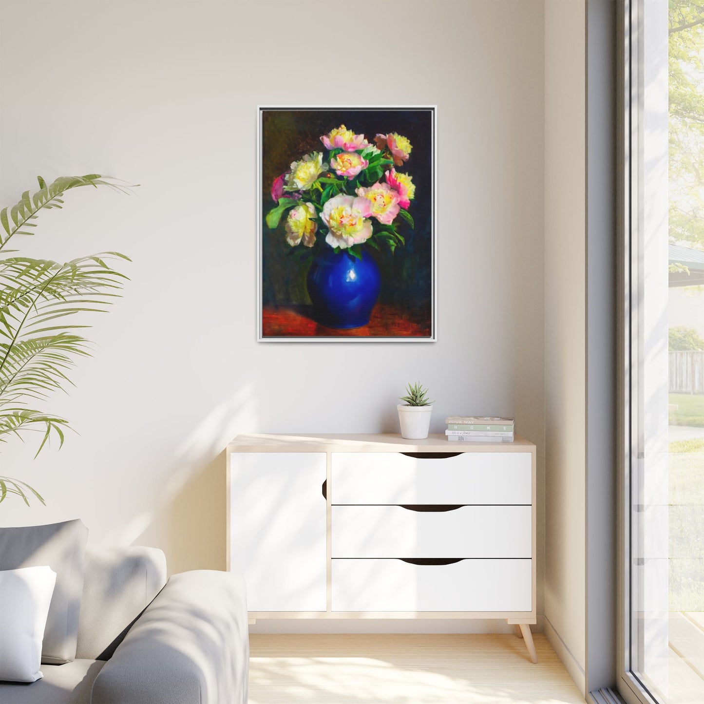 Framed Matte Canvas Wall Art — Vintage Floral Bouquet in Blue Vase