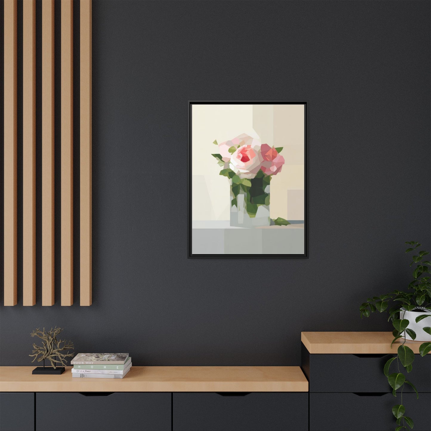 Framed Floral Canvas Print — Geometric Pink Rose Wall Art