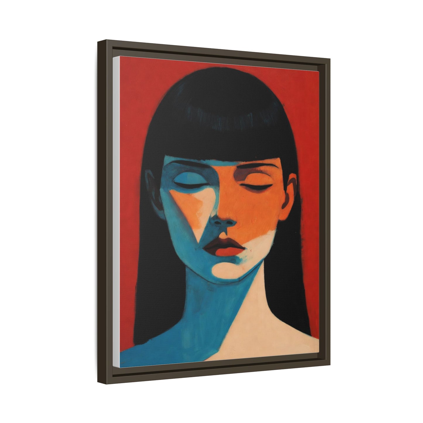 Framed Matte Canvas Art – Minimalist Portrait in Red & Teal