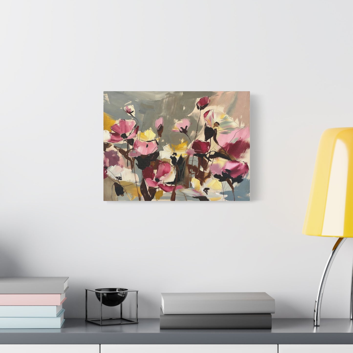 Floral Abstract Canvas Wall Art — Pink & Yellow Bloom Stretched Matte Print