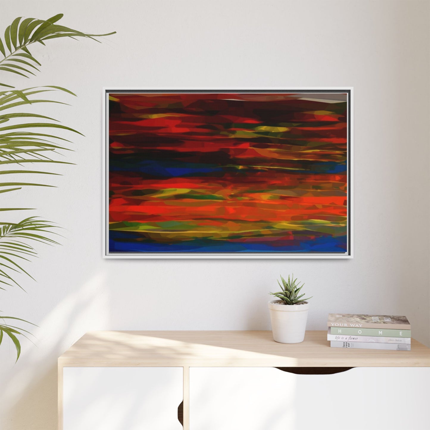 Abstract Multi-Color Matte Canvas Framed Wall Art — Bold Red & Blue Modern Painting