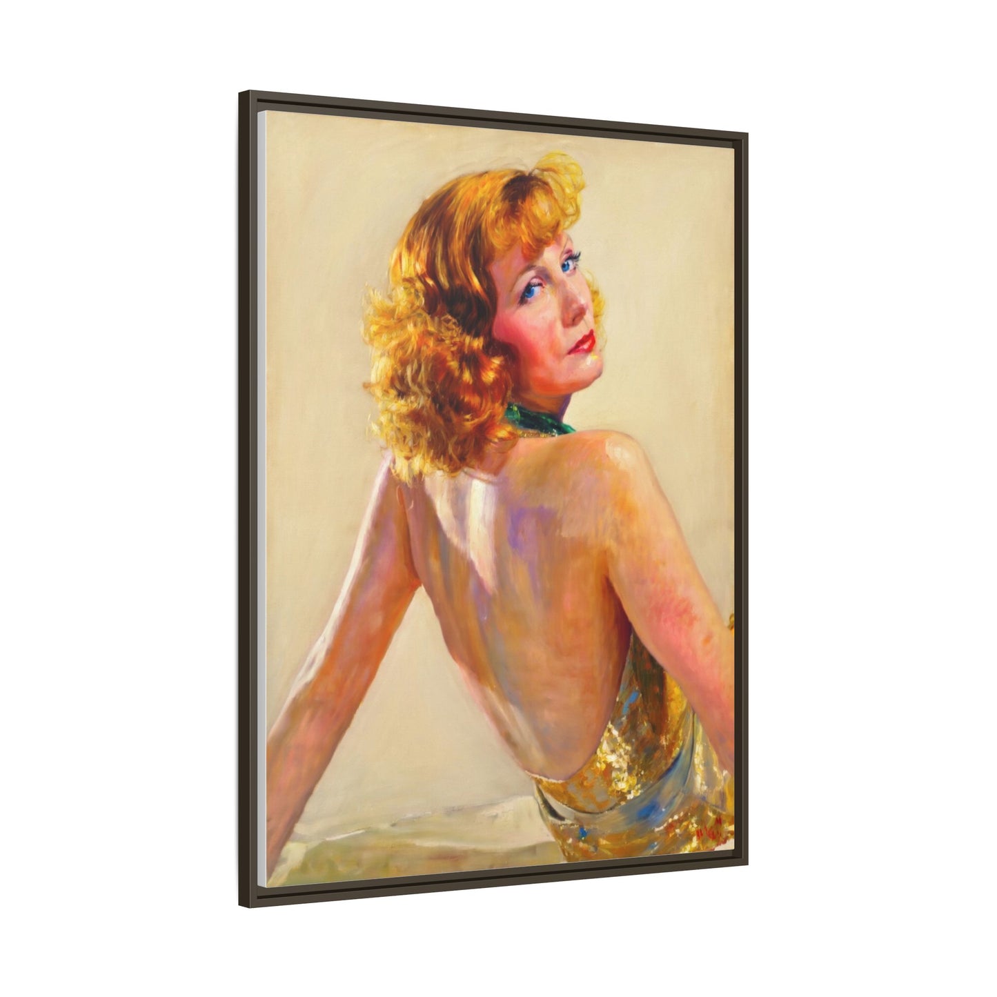 Framed Matte Canvas Print — Vintage Portrait of Redhead Greta Garbo in Gold Dress