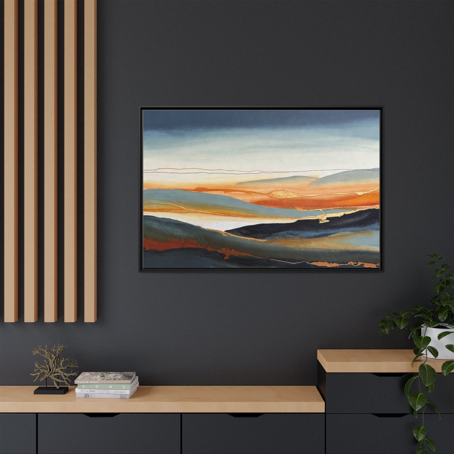 Framed Matte Canvas: Abstract Coastal Sunset Landscape Wall Art