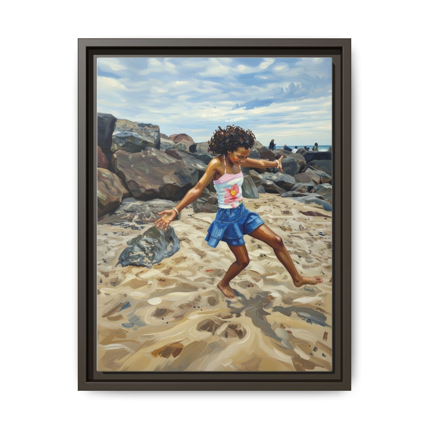 Framed Canvas Art - Girl Dancing on the Beach (Matte Multi-Color)