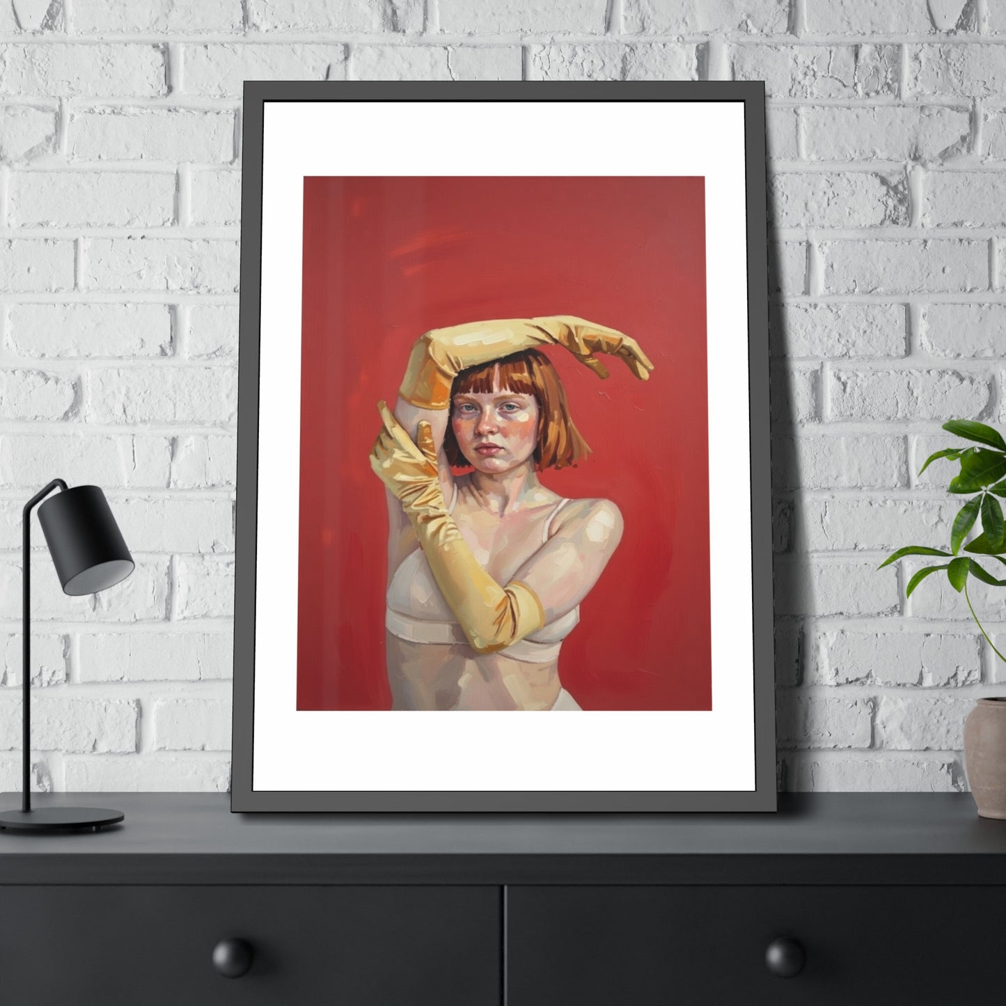 Framed Art Print — Retro Portrait with Yellow Gloves on Red Background