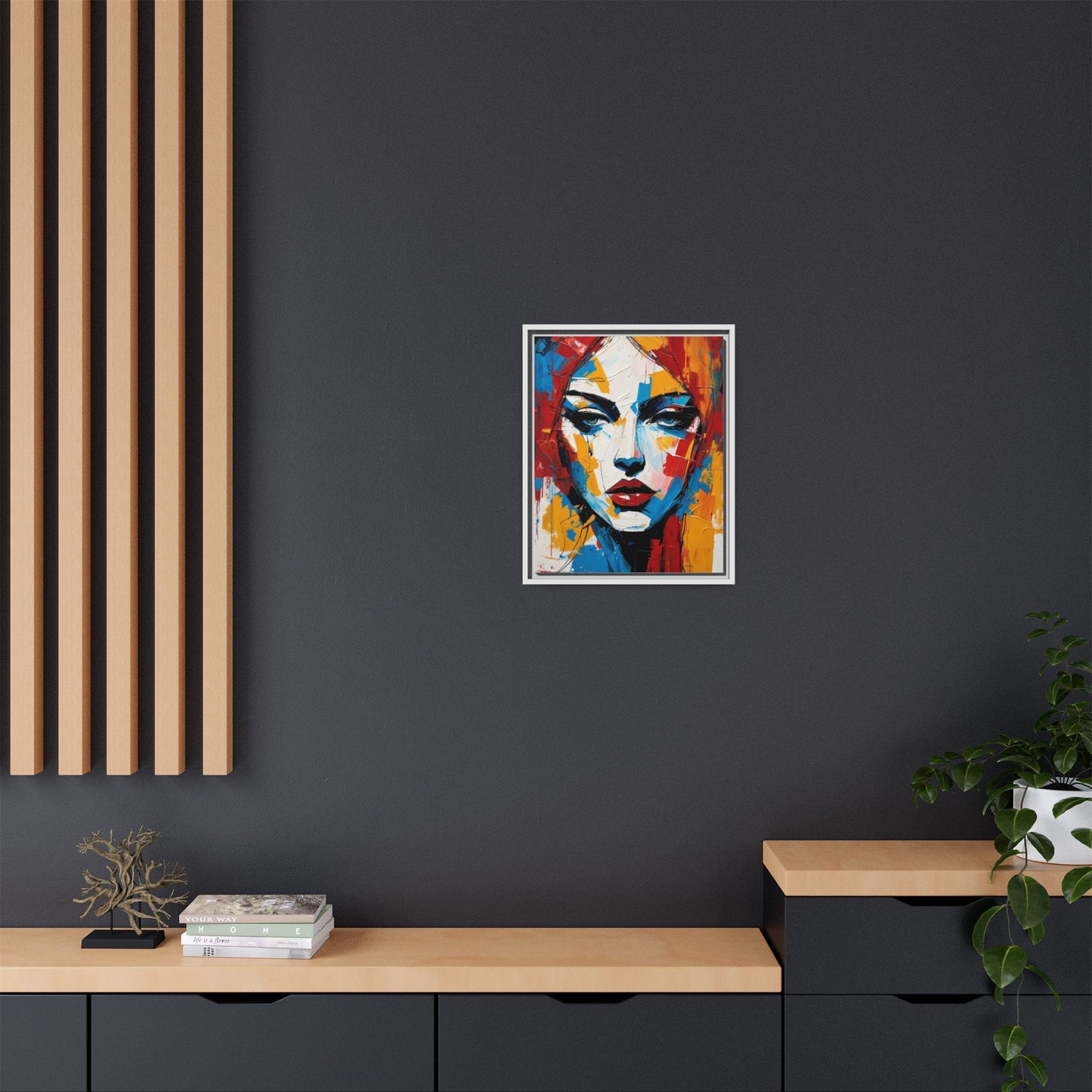 Framed Abstract Portrait Canvas — Colorful Female Face Wall Art