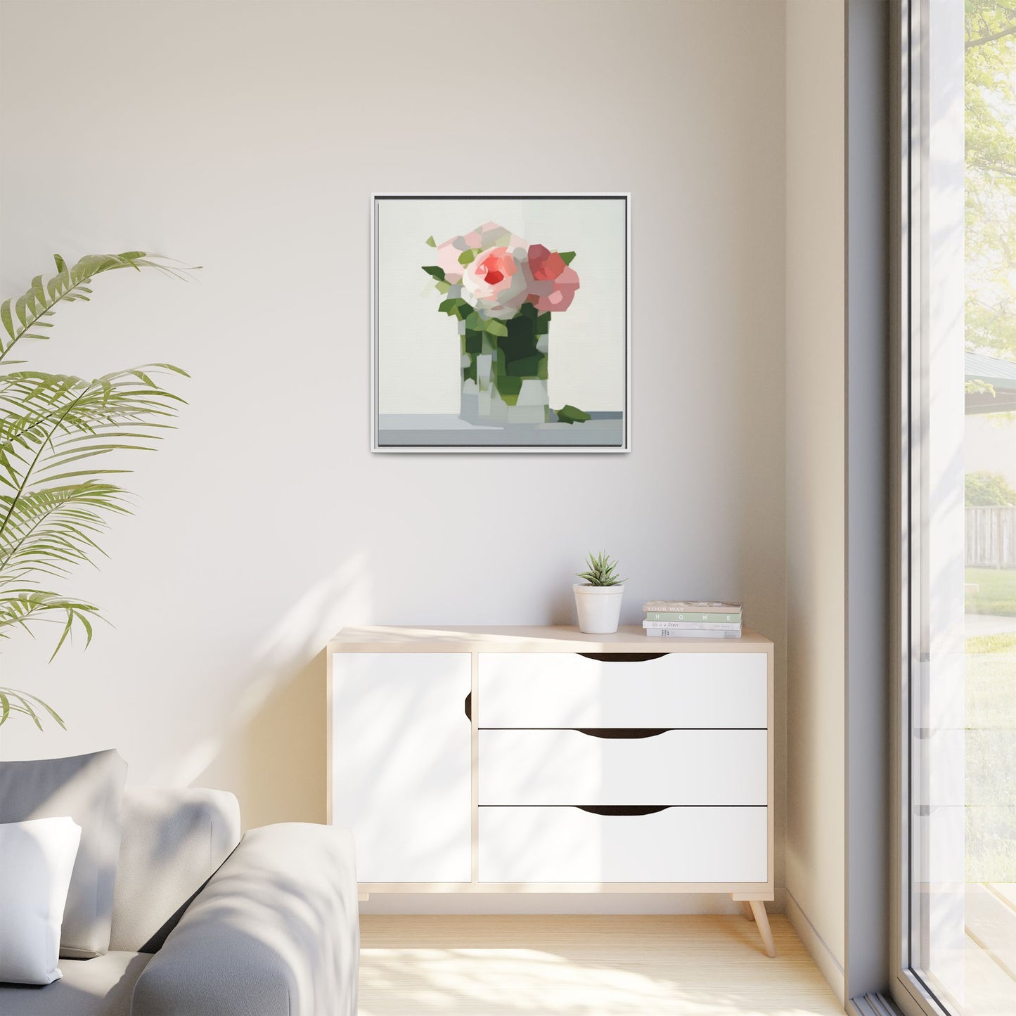 Framed Floral Canvas Print — Modern Pink Roses Still Life