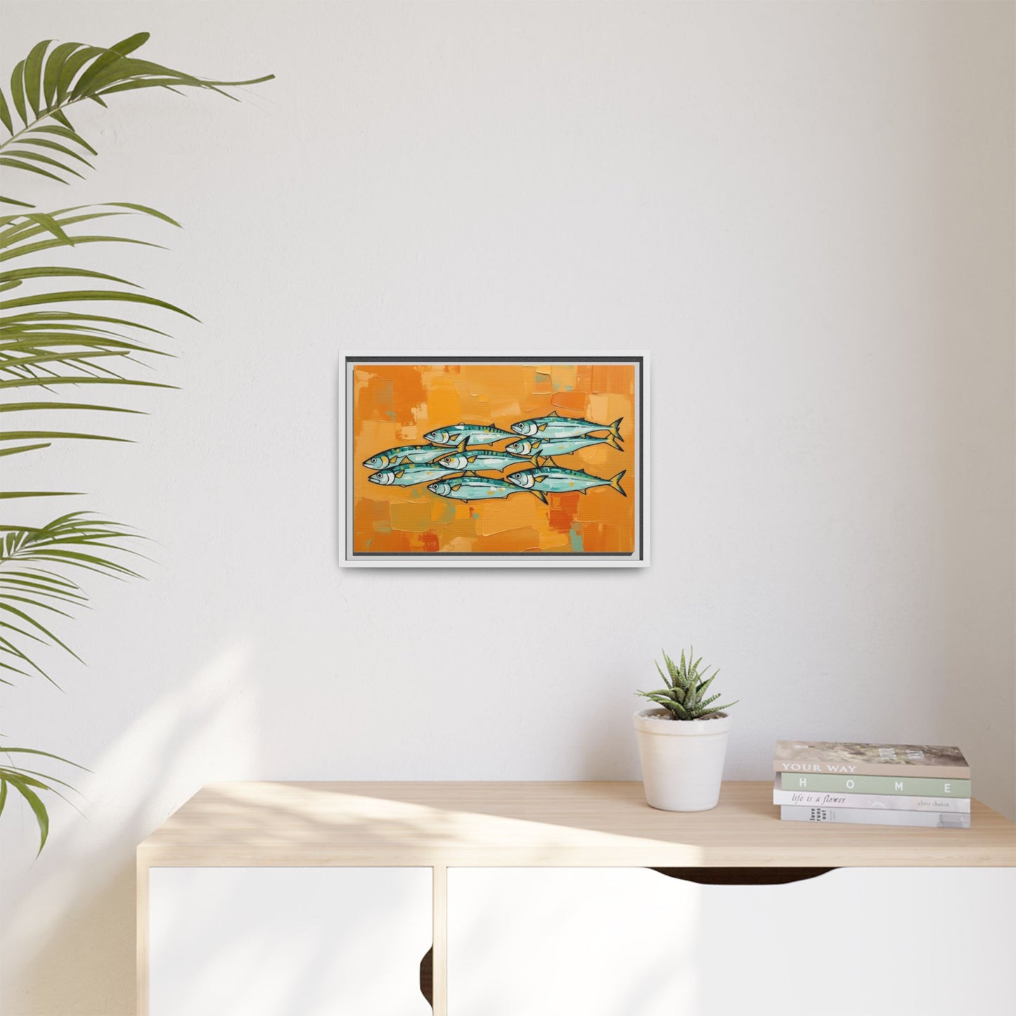 Framed Matte Canvas Print — School of Blue Fish on Orange Abstract Background