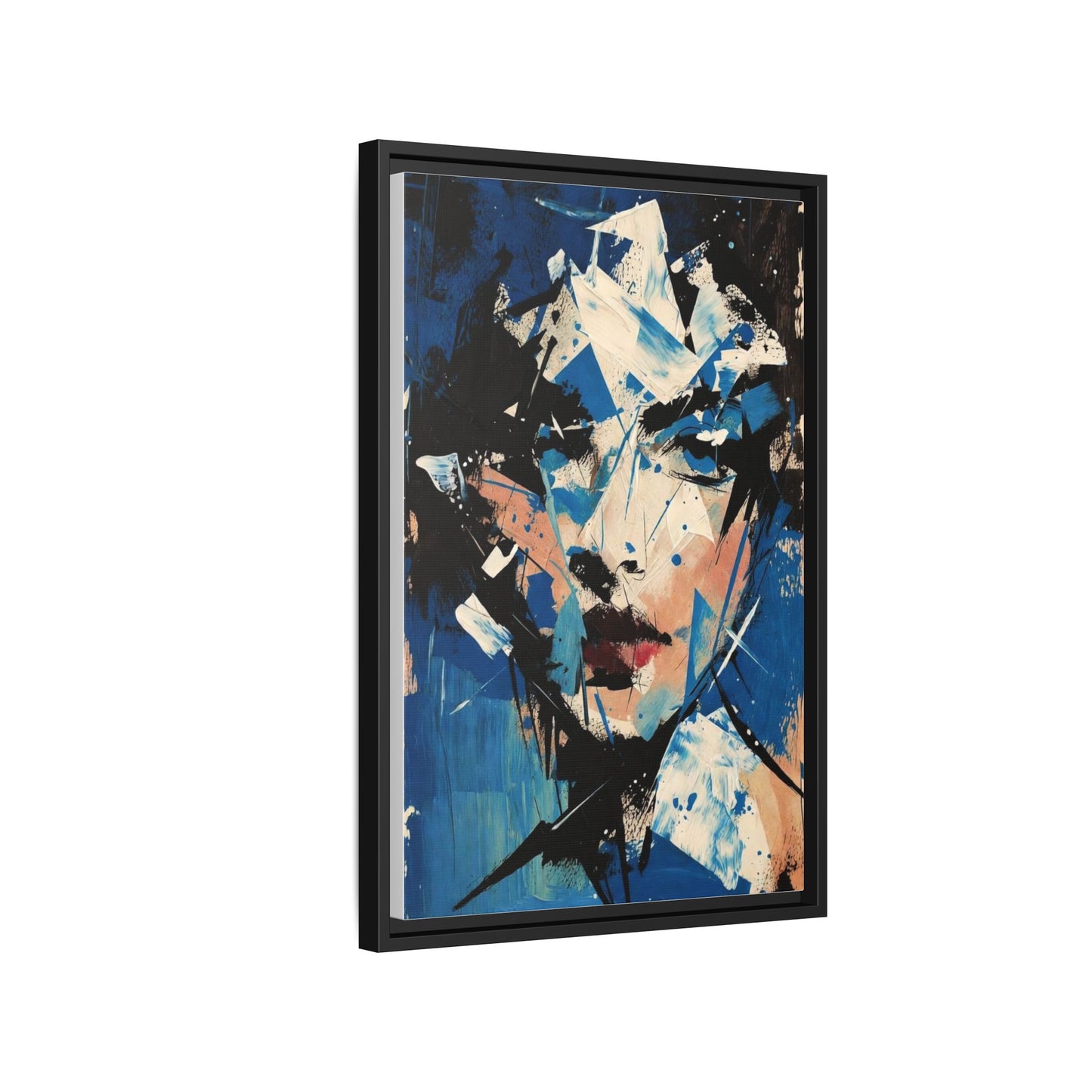 Abstract Portrait Matte Canvas Framed Wall Art — Blue Mixed-Media Face Print