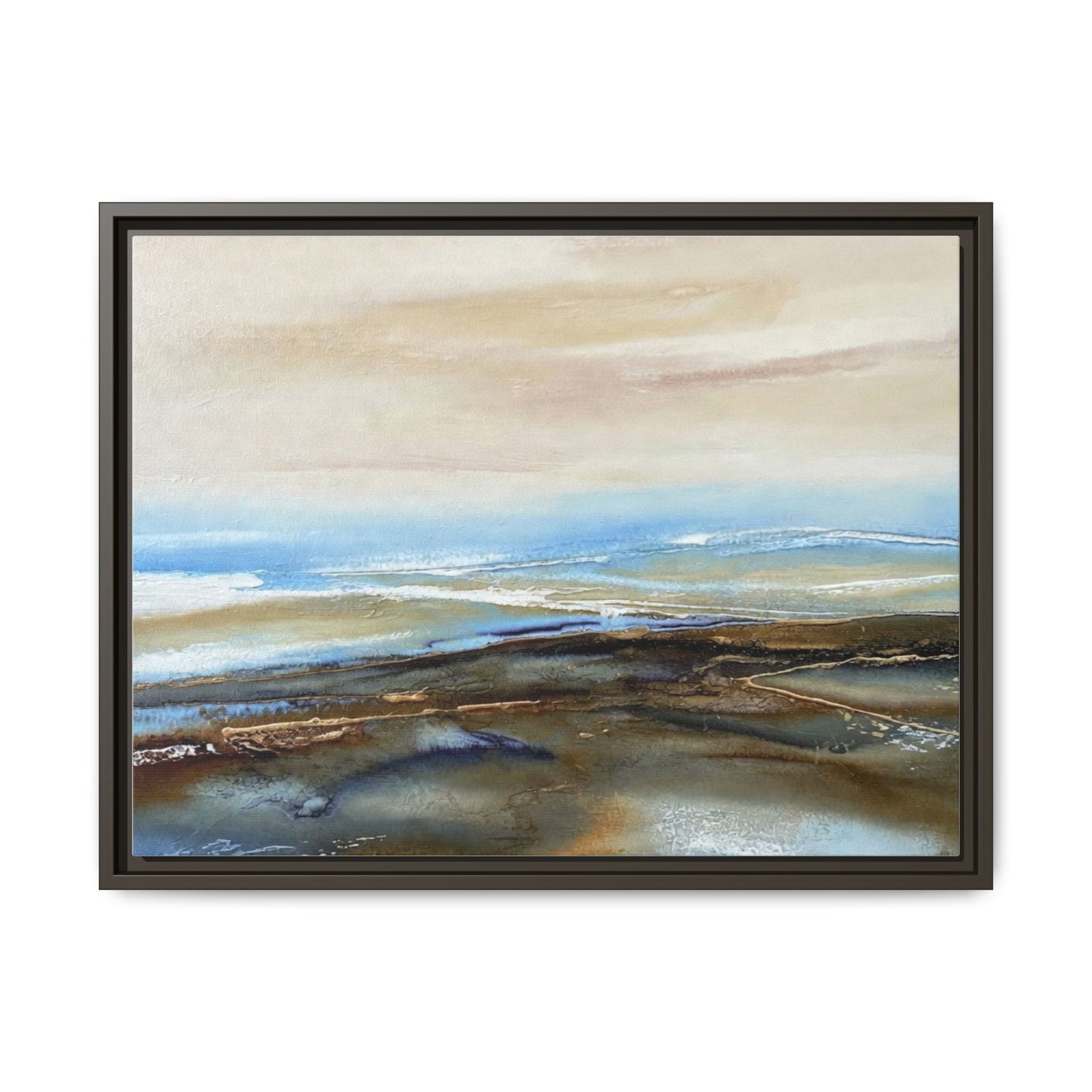 Framed Abstract Seascape Matte Canvas — Coastal Blue & Earth Tone Wall Art