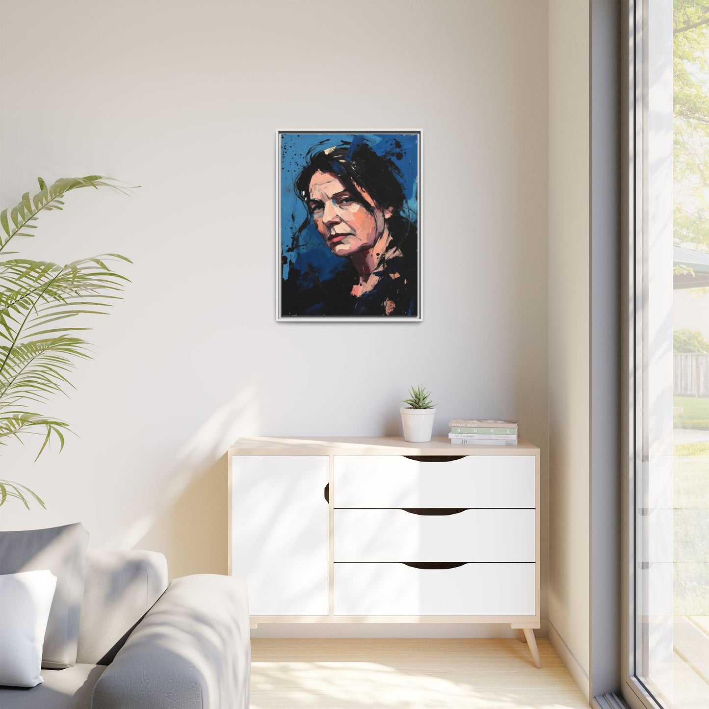 Framed Matte Canvas Portrait — Expressive Blue Painterly Woman Art