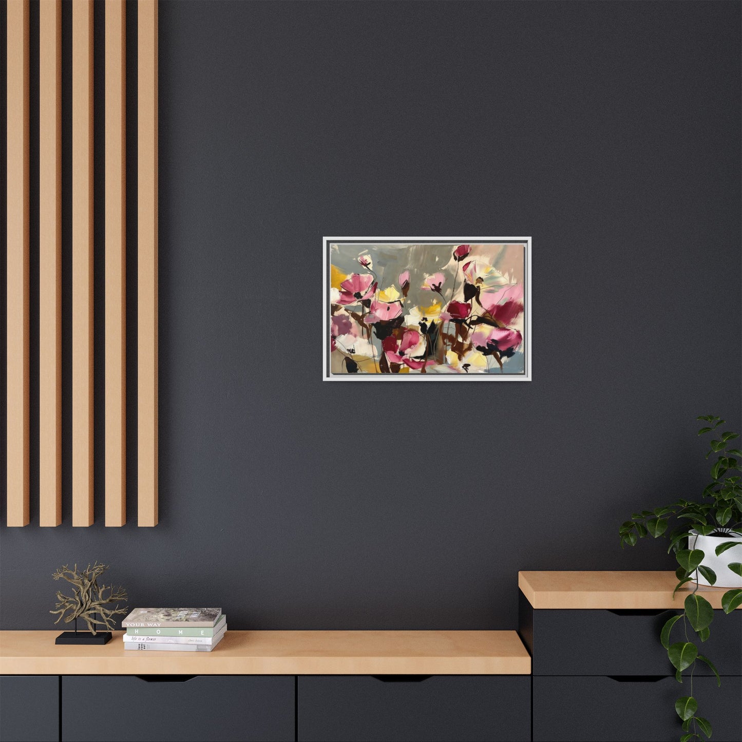 Framed Floral Canvas Wall Art — Abstract Pink & Yellow Flowers