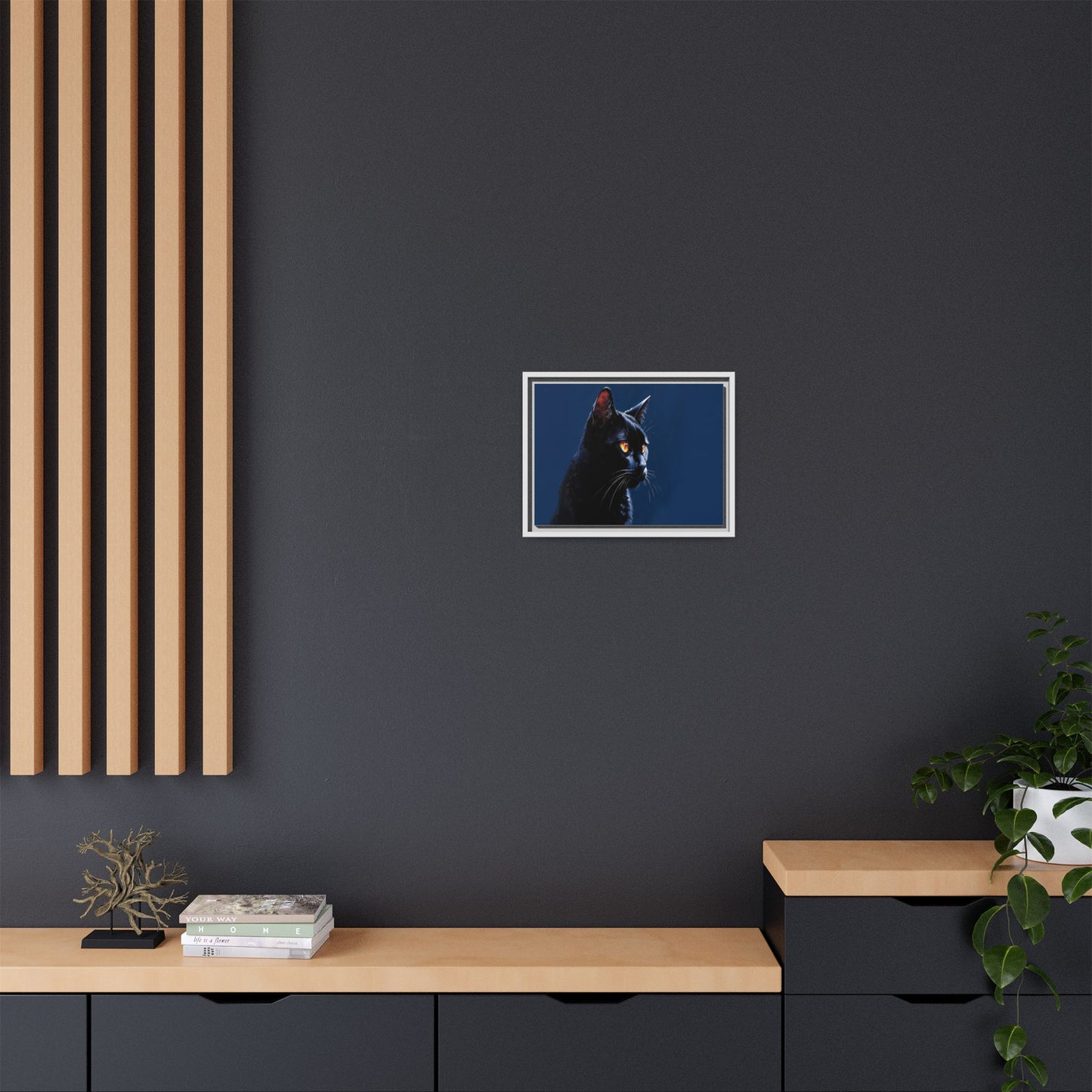 Black Cat Portrait Matte Canvas Framed Wall Art — Dramatic Feline Photo Print