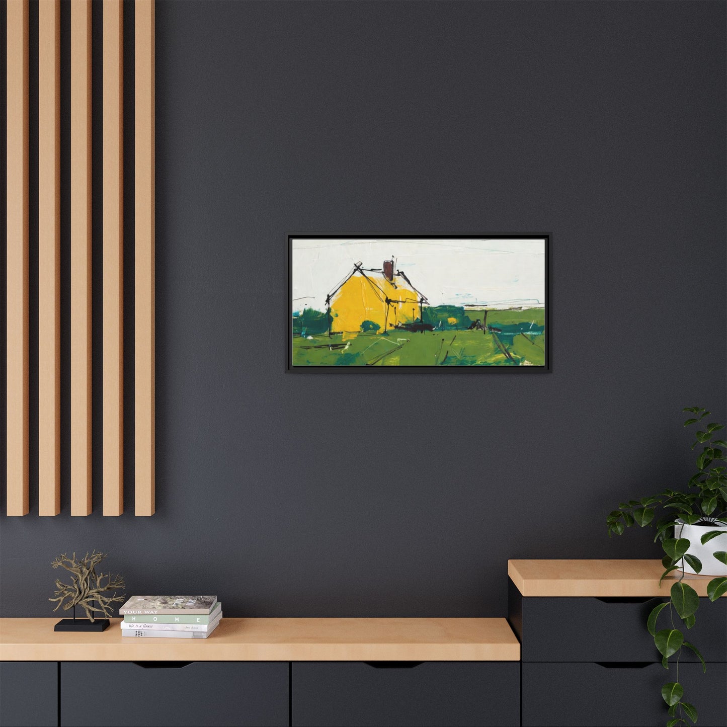 Yellow Cottage Landscape Framed Canvas Print