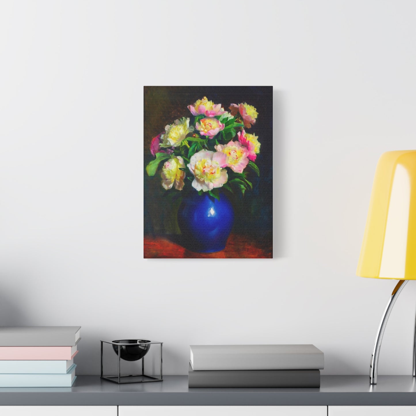 Peony Bouquet Canvas Print — Pink Peonies in Blue Vase, Stretched Matte Wall Art
