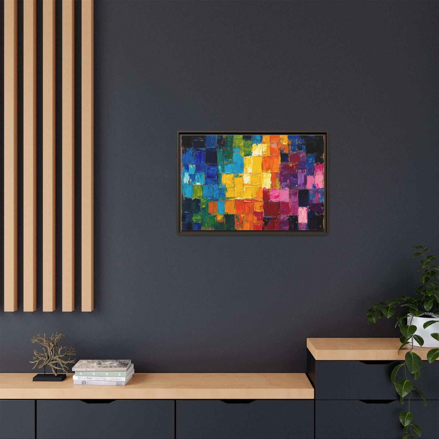 Abstract Rainbow Mosaic Framed Canvas Print — Colorful Modern Wall Art