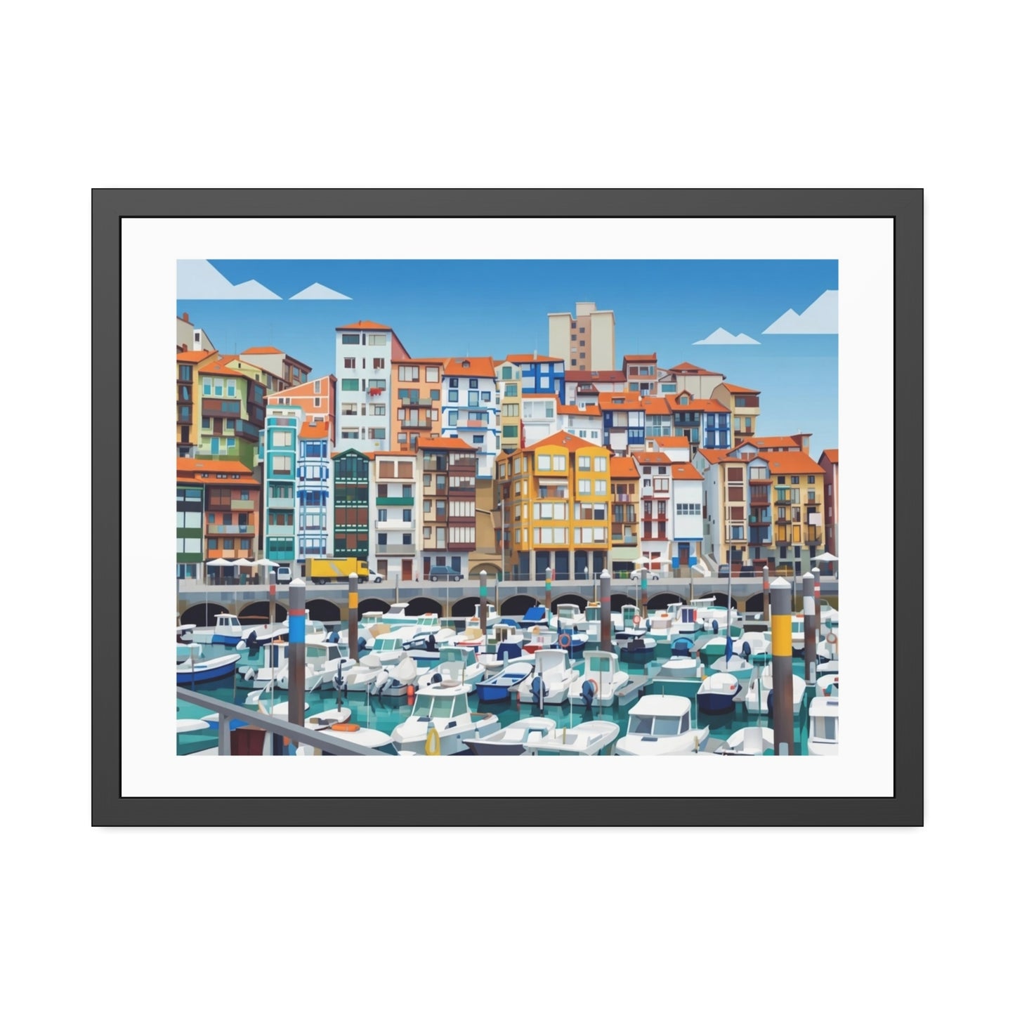 Harbor Marina Framed Poster — Colorful Coastal Cityscape Wall Art