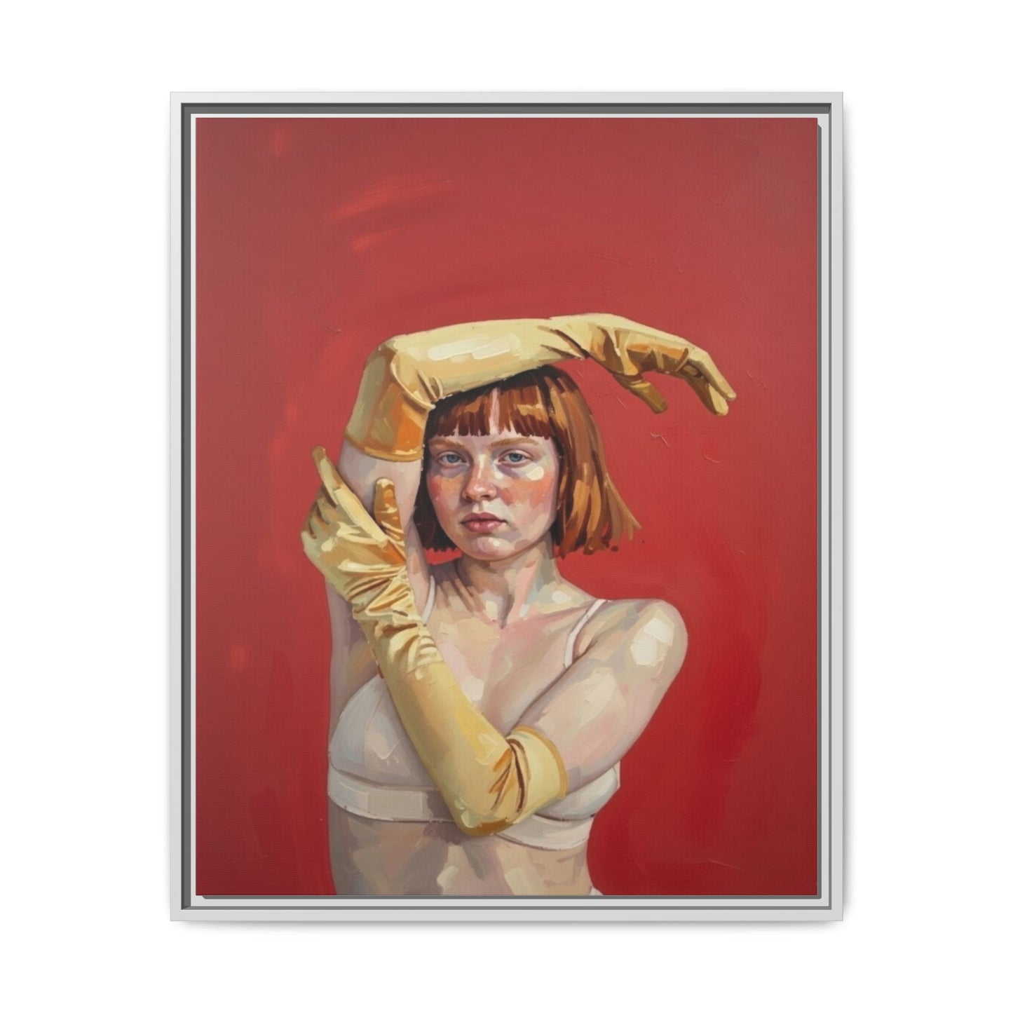 Framed Matte Canvas Art - Portrait of Woman in Yellow Gloves (Red Background)