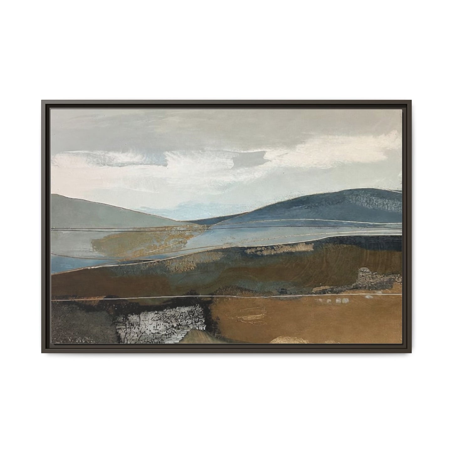 Framed Matte Canvas Landscape Art - Serene Abstract Hills in Blue & Earth Tones