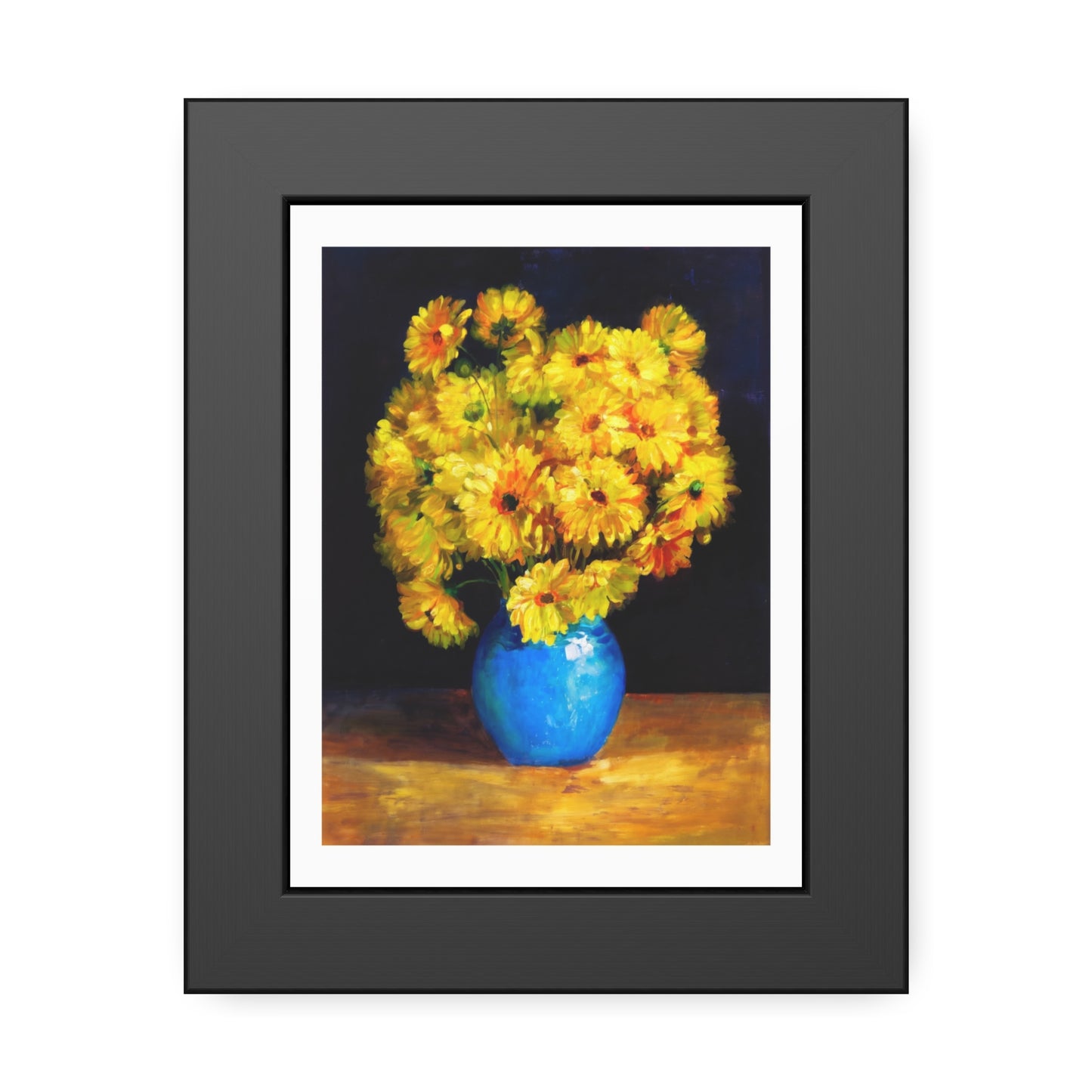 Framed Art Print — Yellow Daisy Bouquet in Blue Vase