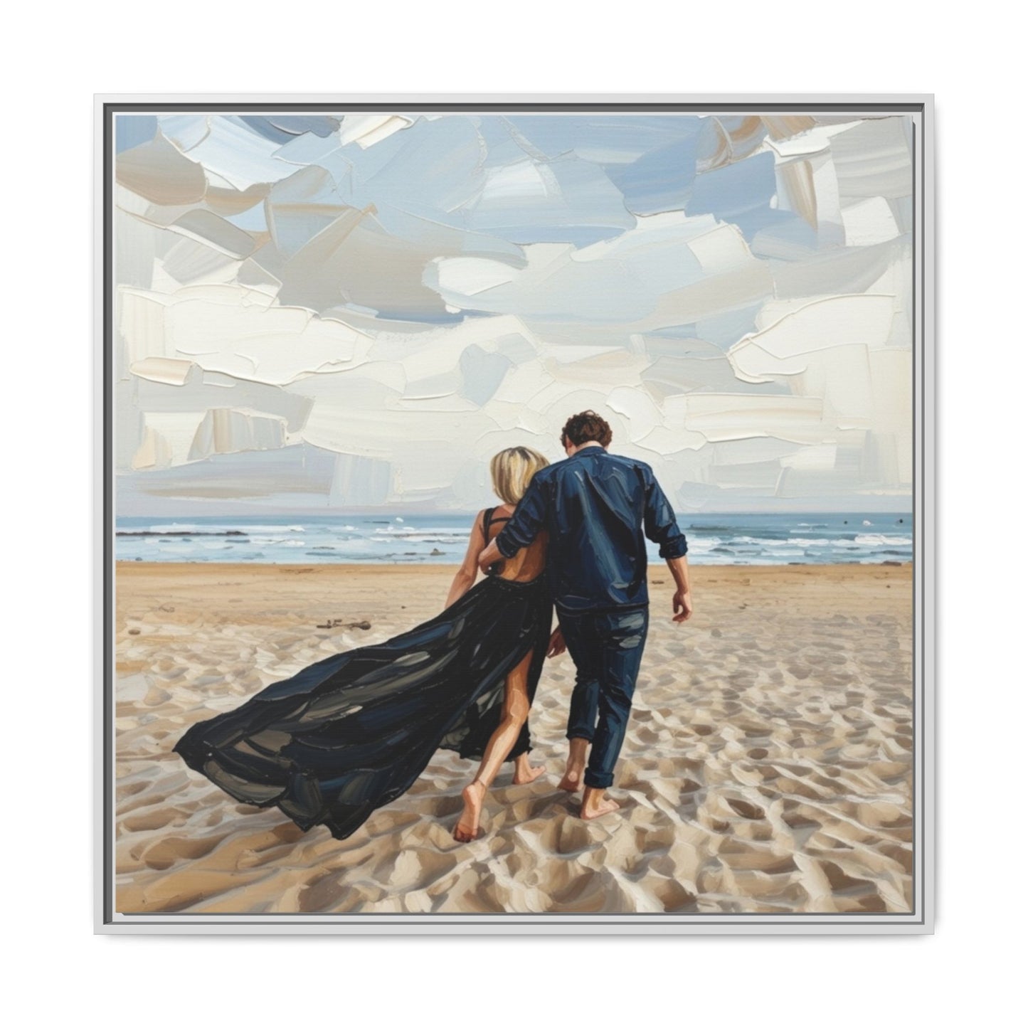 Framed Canvas Wall Art — Romantic Couple Walking on Beach Print