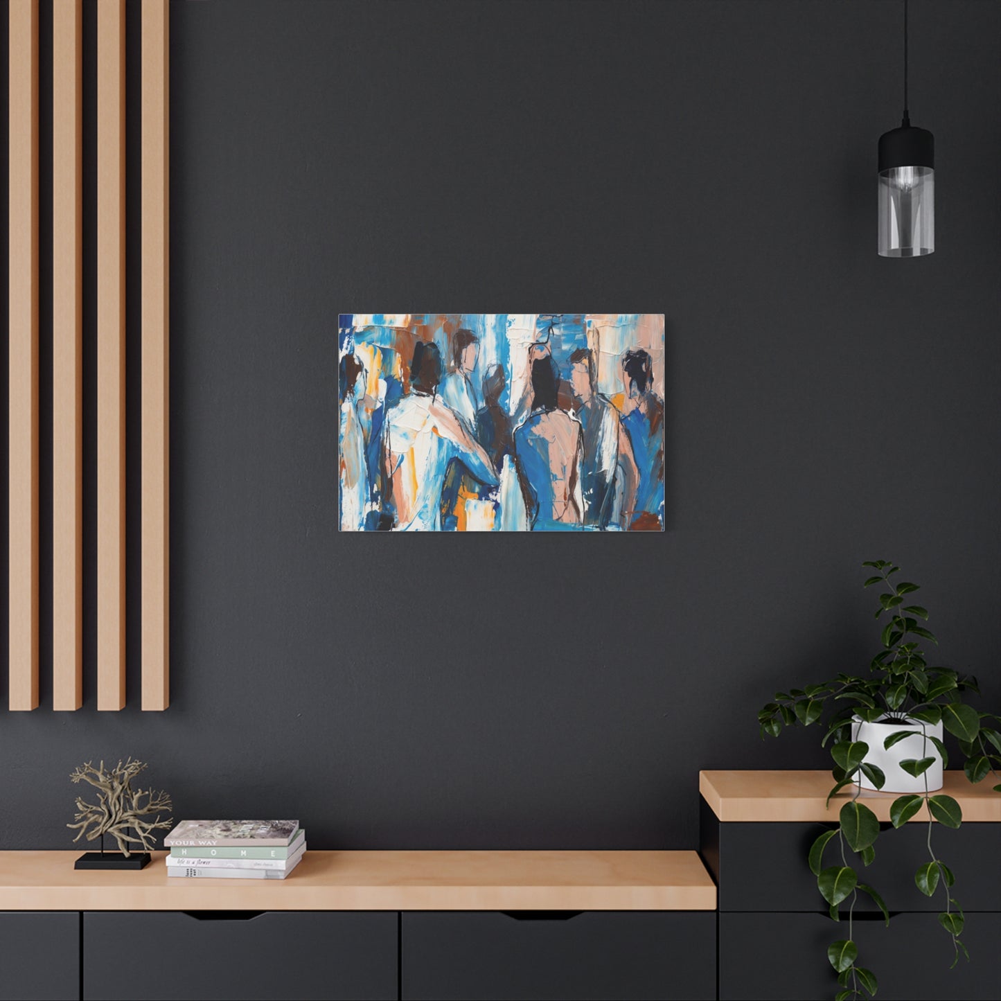 Abstract Figurative Canvas Art — Blue Social Scene Matte Stretched Canvas