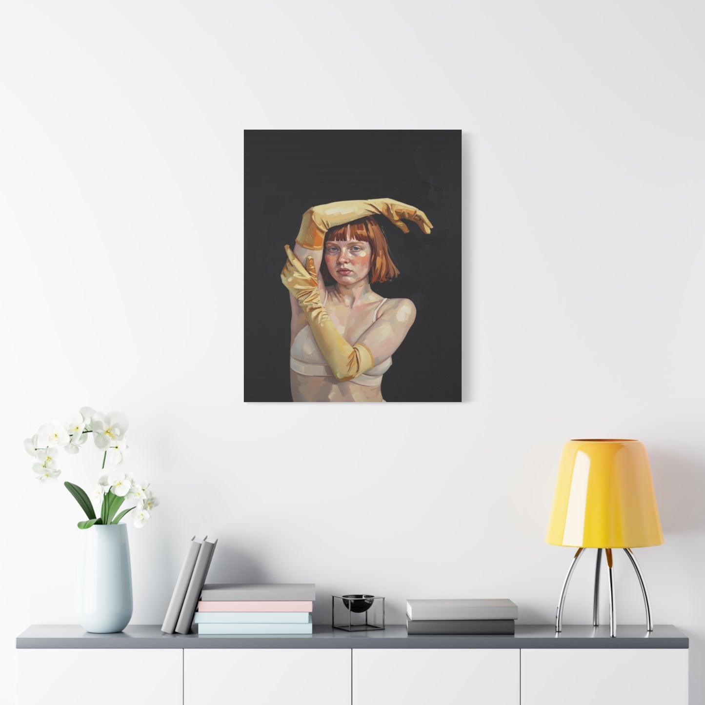 Contemporary Portrait Canvas — Redhead in Yellow Gloves Matte Stretched Art
