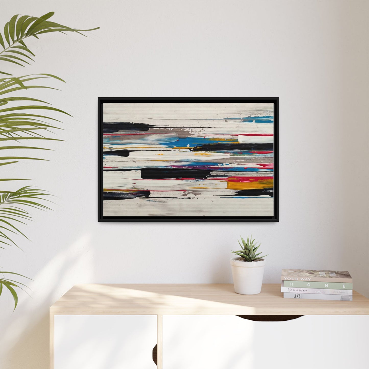 Abstract Multi-Color Framed Canvas Wall Art — Modern Horizontal Brushstroke Print