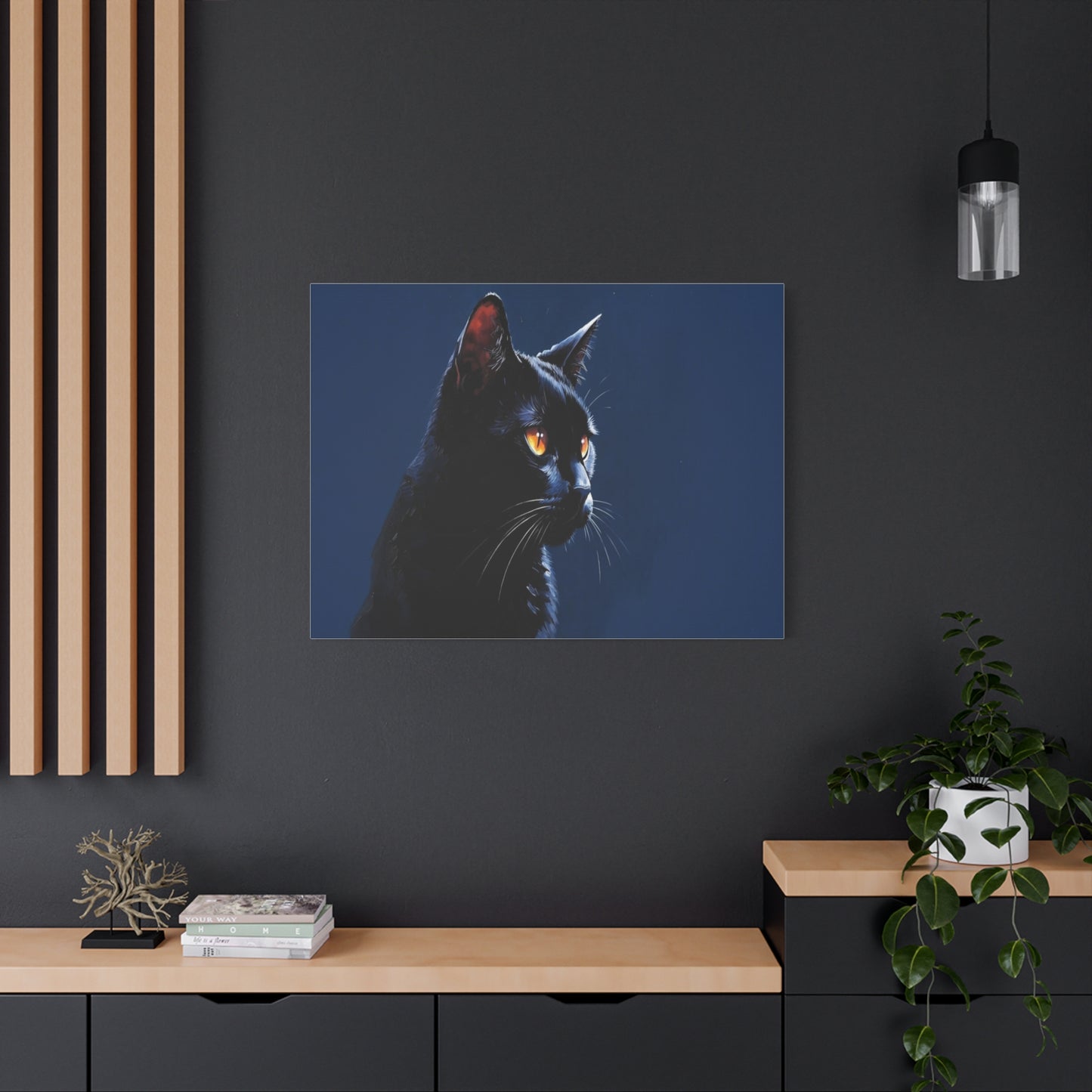 Matte Black Cat on blue background Canvas, Stretched, 1.25"